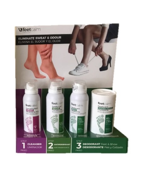 EXPOSITOR PARA SUDOR Y OLOR DE PIES 3X125ML + 200 GRS FEETCALM